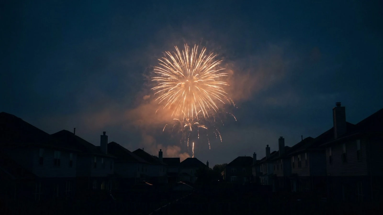 Generated banner: fireworks over a dark suburban neighborhood