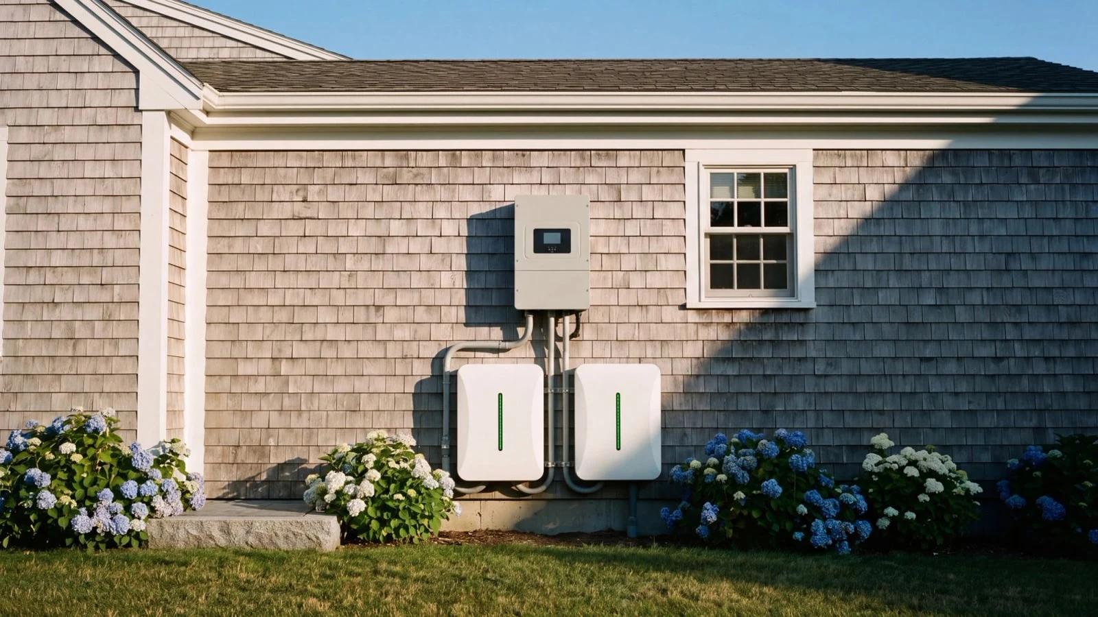 Generated banner: home battery units on a shingled wall beside hydrangeas