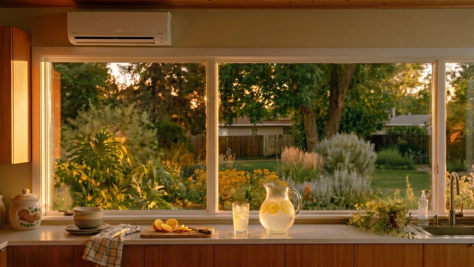 Generated banner: kitchen window over a garden at golden hour
