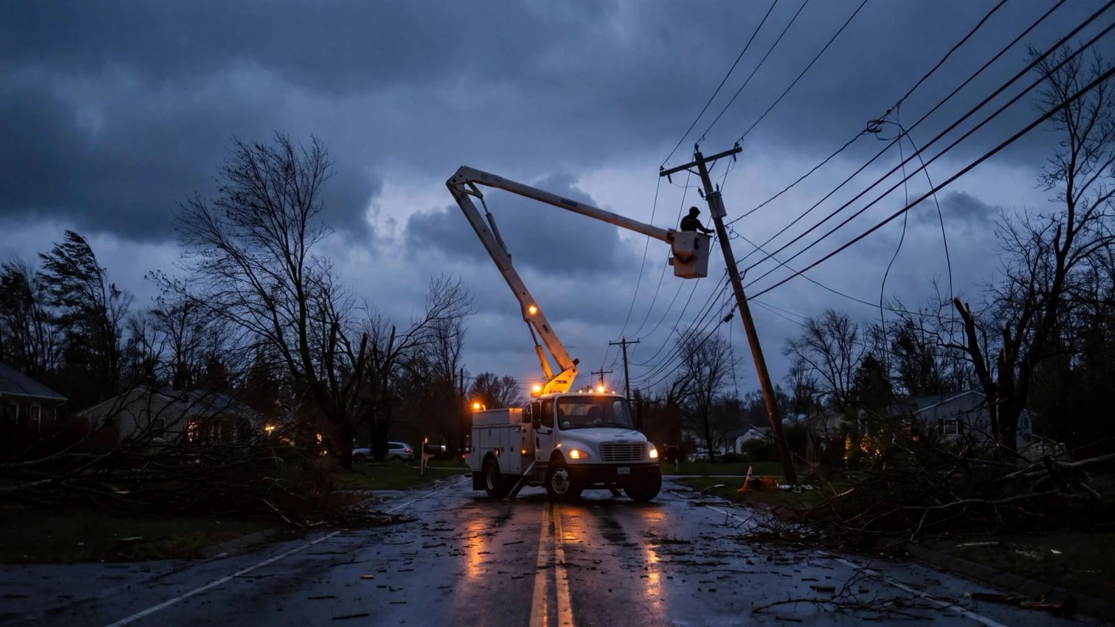Generated banner: lineworker in a bucket truck under a stormy sky
