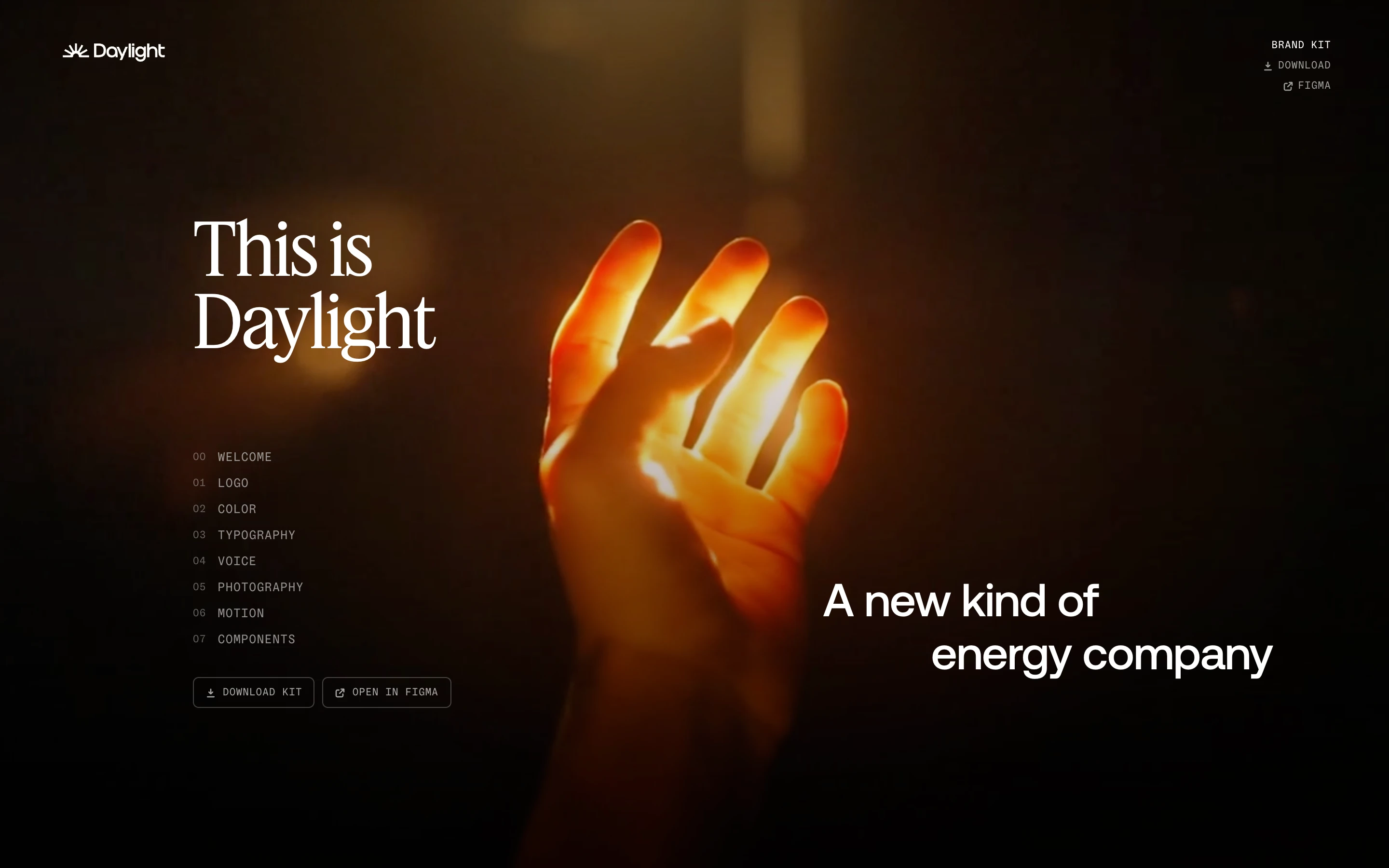 Daylight website hero with a glowing hand: A new kind of energy company