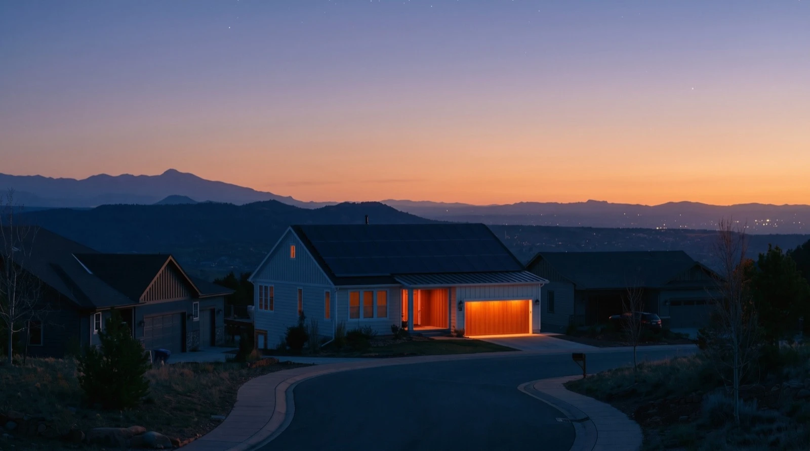 Suburban house at dusk with a lit garage and mountains behind