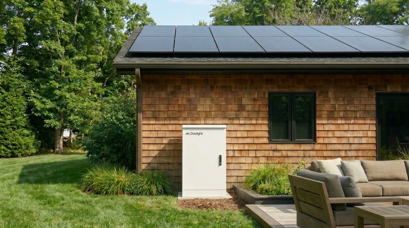 Shingled house with rooftop solar panels and a wall-mounted battery