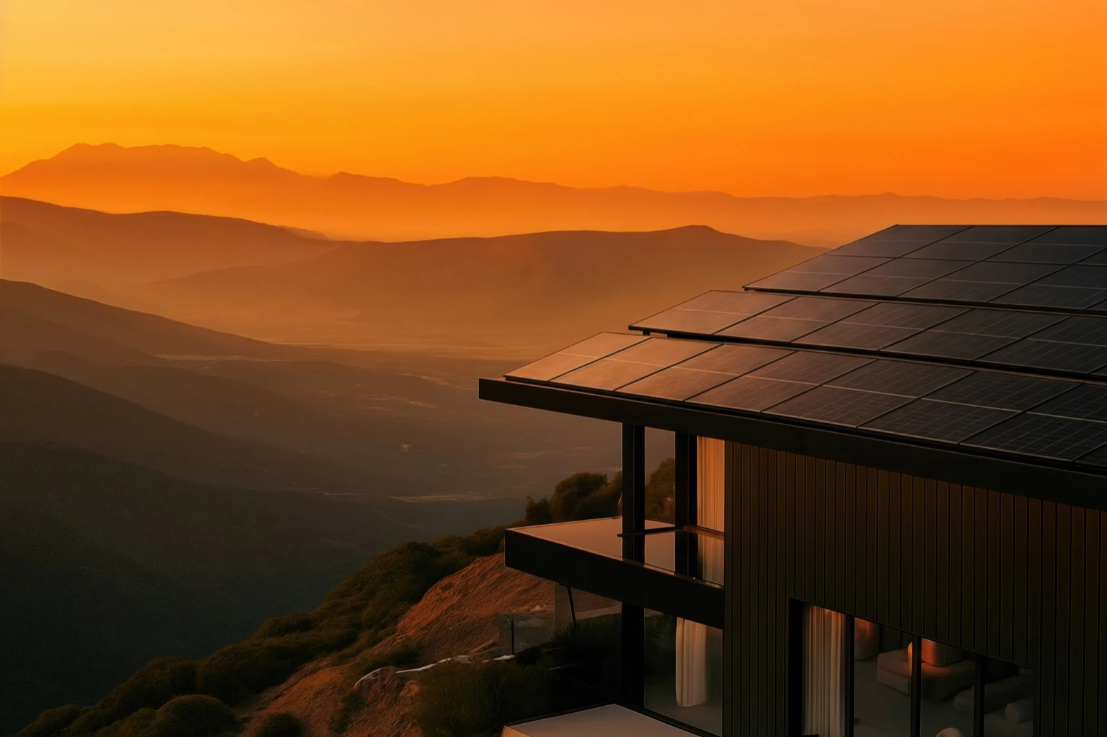 House with solar panels above misty hills at sunset