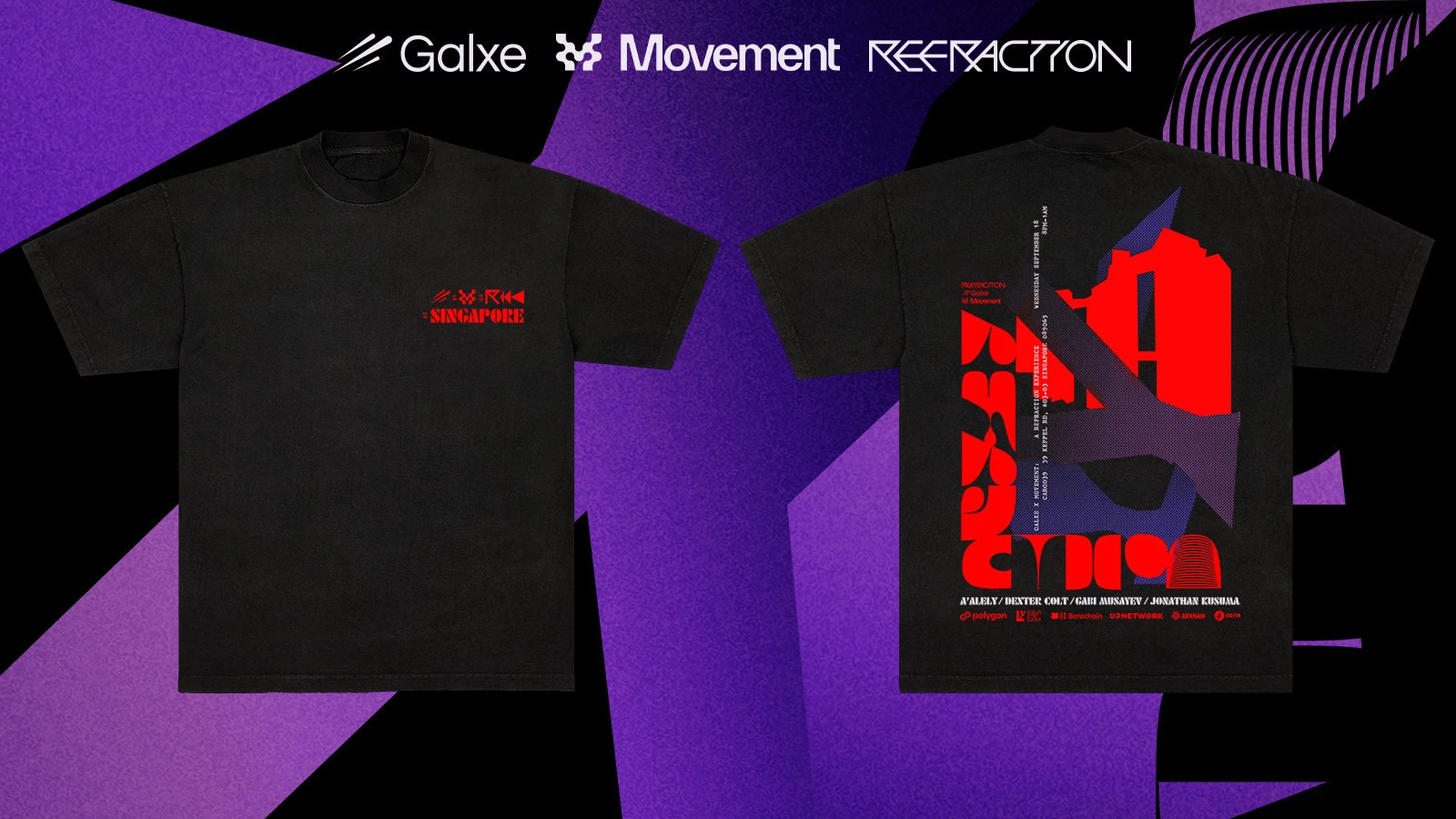 Black Galxe, Movement and Refraction event t-shirts on purple