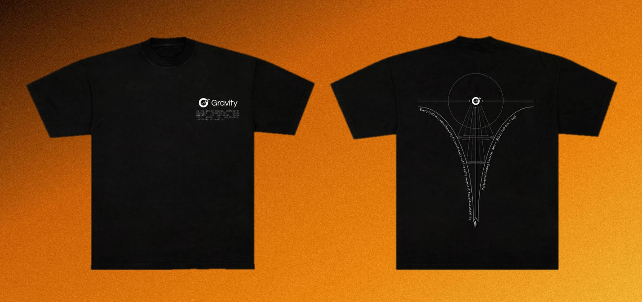 Front and back of a black Gravity t-shirt on orange