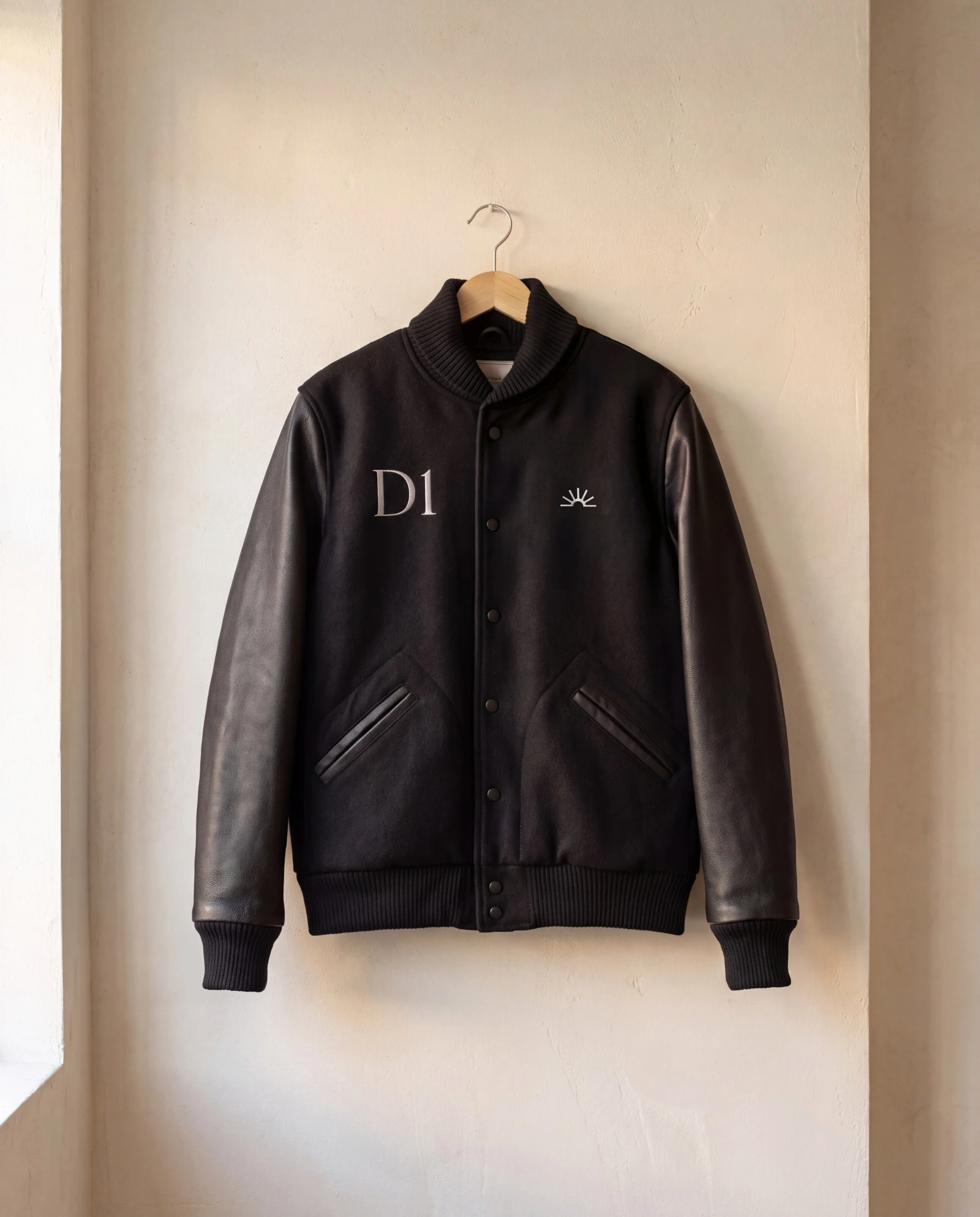 Black leather Daylight bomber jacket on a hanger