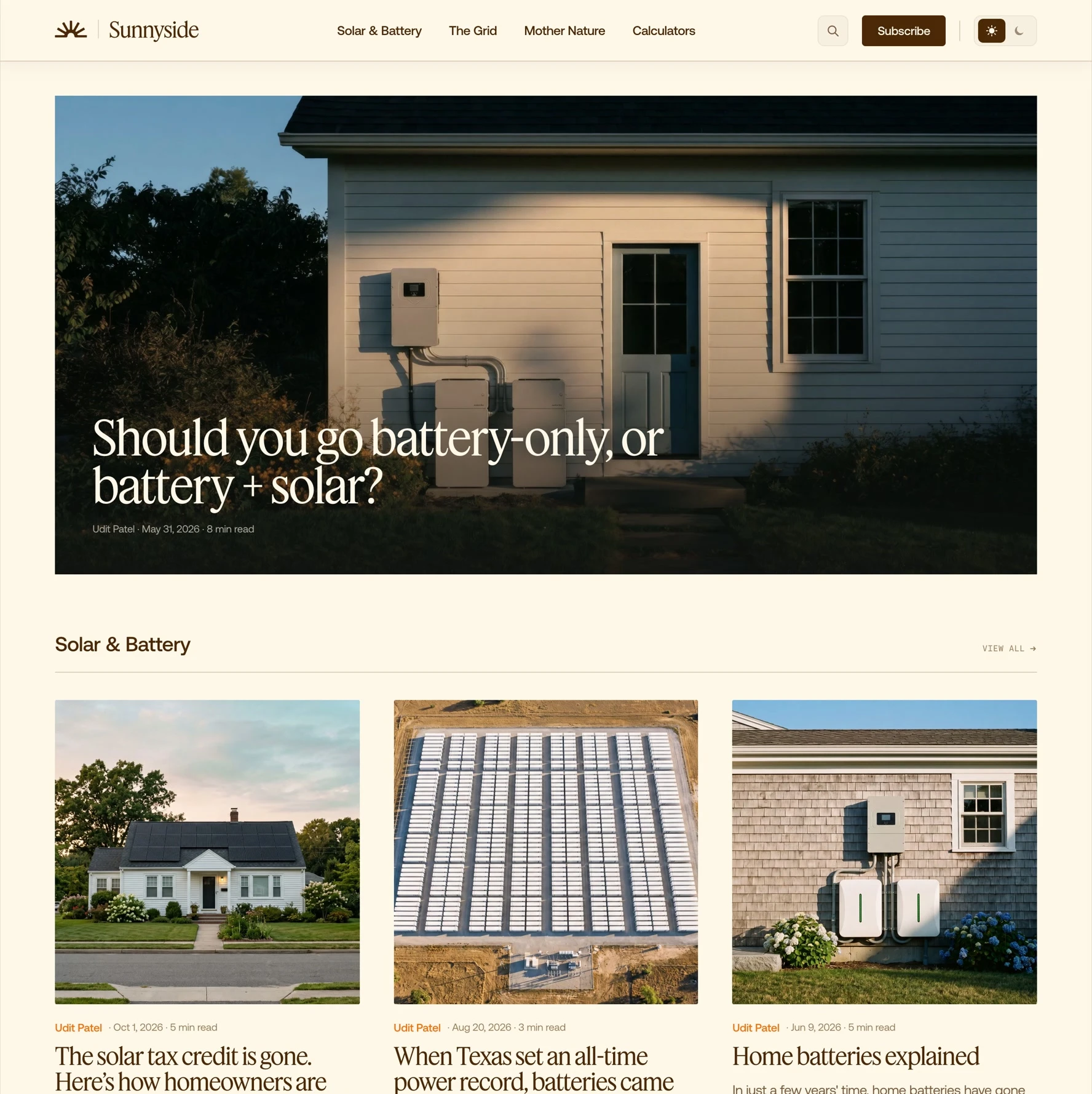 Sunnyside article page comparing battery-only and battery plus solar homes